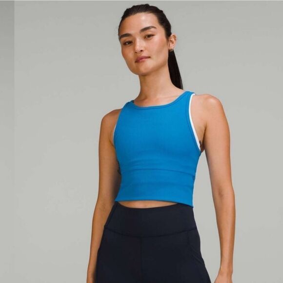 Lululemon Women’s 2 Power Pivot Ribbed Tank Poolside Blue Cropped Reversible - Picture 1 of 9